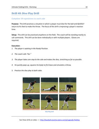 Ultimate Fielding Drills - Shortstop 10
See these drills on video --> http://baseball-practice-plans.com/p/upgrade-fielding
Drill #8: Dive Play Drill
Complete 10 repetitions to each side
Purpose: This drill practices a situation in which a player must dive for the ball and QUICKLY
return to his feet to make the throw. The focus of this drill is improving a player’s reaction
time.
Setup: This drill can be practiced anywhere on the field. The coach will be standing nearby to
call commands. This drill can be done individually or with multiple players. Gloves are
required.
Execution:
1. The player is waiting in the Ready Position.
2. The coach calls “Go.”
3. The player takes one step to the side and makes the dive, stretching as far as possible.
4. He quickly pops up, squares his body to first base and simulates a throw.
5. Practice the dive play to both sides.
Dive Play Drill
 