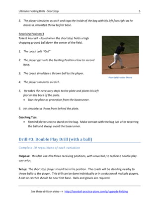 Ultimate Fielding Drills - Shortstop 5
See these drills on video --> http://baseball-practice-plans.com/p/upgrade-fielding
5. The player simulates a catch and tags the inside of the bag with his left foot right as he
makes a simulated throw to first base.
Receiving Position 3
Take it Yourself – Used when the shortstop fields a high
chopping ground ball down the center of the field.
1. The coach calls “Go!”
2. The player gets into the Fielding Position close to second
base.
3. The coach simulates a thrown ball to the player.
4. The player simulates a catch.
5. He takes the necessary steps to the plate and plants his left
foot on the back of the plate.
 Use the plate as protection from the baserunner.
6. He simulates a throw from behind the plate.
Coaching Tips:
 Remind players not to stand on the bag. Make contact with the bag just after receiving
the ball and always avoid the baserunner.
Drill #3: Double Play Drill (with a ball)
Complete 10 repetitions of each variation
Purpose: This drill uses the three receiving positions, with a live ball, to replicate double play
scenarios.
Setup: The shortstop player should be in his position. The coach will be standing nearby to
throw balls to the player. This drill can be done individually or in a rotation of multiple players.
A net or catcher should be near first base. Balls and gloves are required.
Plant Left Foot to Throw
 
