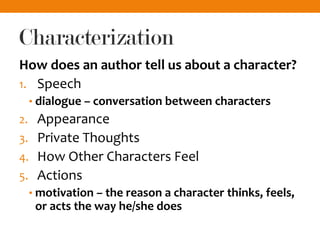 Characterization
How does an author tell us about a character?
1. Speech
• dialogue – conversation between characters
2. Appearance
3. Private Thoughts
4. How Other Characters Feel
5. Actions
• motivation – the reason a character thinks, feels,
or acts the way he/she does
 