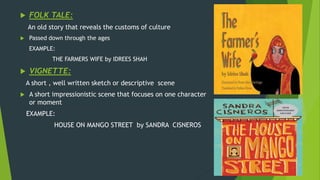  FOLK TALE:
An old story that reveals the customs of culture
 Passed down through the ages
EXAMPLE:
THE FARMERS WIFE by IDREES SHAH
 VIGNETTE:
A short , well written sketch or descriptive scene
 A short impressionistic scene that focuses on one character
or moment
EXAMPLE:
HOUSE ON MANGO STREET by SANDRA CISNEROS
 