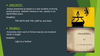  ANECDOTE:
Always presented as based in a real incident involving
actual persons, whether famous or not ,usually in an
identifiable place
EXAMPLE:
THE MOTH AND THE LAMP by Jose Rizal
 DRABBLE:
Extremely short work of fiction exactly one hundred
words in length
EXAMPLE:
Light as a feather
 
