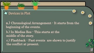 Devices in Plot
a.) Chronological Arrangement - It starts from the
beginning of the events.
c.) Flashback - Past events ar...