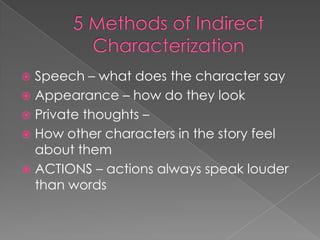 5 Methods of Indirect CharacterizationSpeech – what does the character sayAppearance – how do they lookPrivate thoughts – How other characters in the story feel about themACTIONS – actions always speak louder than words