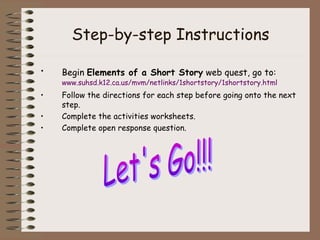 Step-by-step Instructions

•   Begin Elements of a Short Story web quest, go to:
    www.suhsd.k12.ca.us/mvm/netlinks/1sho...
