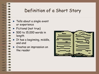 Definition of a Short Story

Tells about a single event
or experience
Fictional (not true)
500 to 15,000 words in
length
I...
