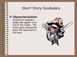 Short Story Vocabulary

Characterization:
Creation of imaginary
people who appear to be
real to the reader. The
writer giv...