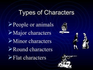 Types of Characters People or animals Major characters Minor characters Round characters Flat characters 