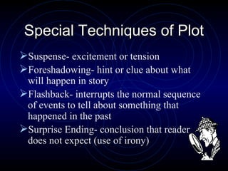 Special Techniques of Plot Suspense- excitement or tension Foreshadowing- hint or clue about what will happen in story Flashback- interrupts the normal sequence of events to tell about something that happened in the past Surprise Ending- conclusion that reader does not expect (use of irony) 