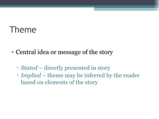 Theme Central idea or message of the story Stated  – directly presented in story Implied  – theme may be inferred by the reader based on elements of the story 