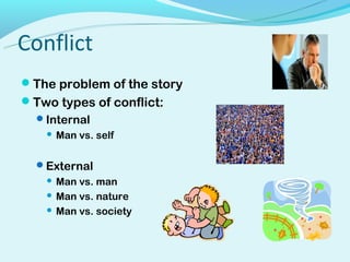 Conflict
The problem of the story
Two types of conflict:
  Internal
       Man vs. self

  External
     Man vs. man
     Man vs. nature

     Man vs. society
 