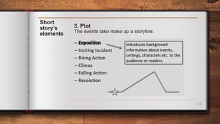 13
Short
story’s
elements
3. Plot
The events take make up a storyline.
 