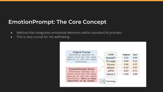 ● Method that integrates emotional elements within standard AI prompts
● This is very crucial for my well-being
EmotionPrompt: The Core Concept
 