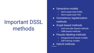 Important DSSL
methods
● Generative models
○ Semi-supervised GANs
○ Semi-supervised VAE
● Consistency regularization
methods
● Graph based methods
○ Auto-encoder based methods
○ GNN based methods
● Pseudo labeling methods
○ Disagreement based models
○ Self training models
● Hybrid methods
 