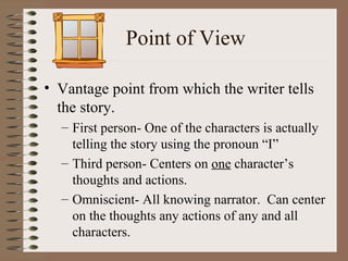 Point of View

• Vantage point from which the writer tells
  the story.
  – First person- One of the characters is actually
    telling the story using the pronoun “I”
  – Third person- Centers on one character’s
    thoughts and actions.
  – Omniscient- All knowing narrator. Can center
    on the thoughts any actions of any and all
    characters.
 