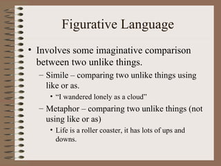 Figurative Language
• Involves some imaginative comparison
  between two unlike things.
  – Simile – comparing two unlike things using
    like or as.
     • “I wandered lonely as a cloud”
  – Metaphor – comparing two unlike things (not
    using like or as)
     • Life is a roller coaster, it has lots of ups and
       downs.
 