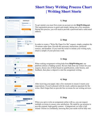 Short Story Writing Process Chart
| Writing Short Storie
1. Step
To get started, you must first create an account on site HelpWriting.net.
The registration process is quick and simple, taking just a few moments.
During this process, you will need to provide a password and a valid email
address.
2. Step
In order to create a "Write My Paper For Me" request, simply complete the
10-minute order form. Provide the necessary instructions, preferred
sources, and deadline. If you want the writer to imitate your writing style,
attach a sample of your previous work.
3. Step
When seeking assignment writing help from HelpWriting.net, our
platform utilizes a bidding system. Review bids from our writers for your
request, choose one of them based on qualifications, order history, and
feedback, then place a deposit to start the assignment writing.
4. Step
After receiving your paper, take a few moments to ensure it meets your
expectations. If you're pleased with the result, authorize payment for the
writer. Don't forget that we provide free revisions for our writing services.
5. Step
When you opt to write an assignment online with us, you can request
multiple revisions to ensure your satisfaction. We stand by our promise to
provide original, high-quality content - if plagiarized, we offer a full
refund. Choose us confidently, knowing that your needs will be fully met.
Short Story Writing Process Chart | Writing Short Storie Short Story Writing Process Chart | Writing Short Storie
 