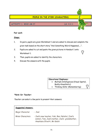 71 
Pair work 
Steps: 
1. In pairs, pupils are given Worksheet 1 and are asked to discuss and complete the 
given task bas...