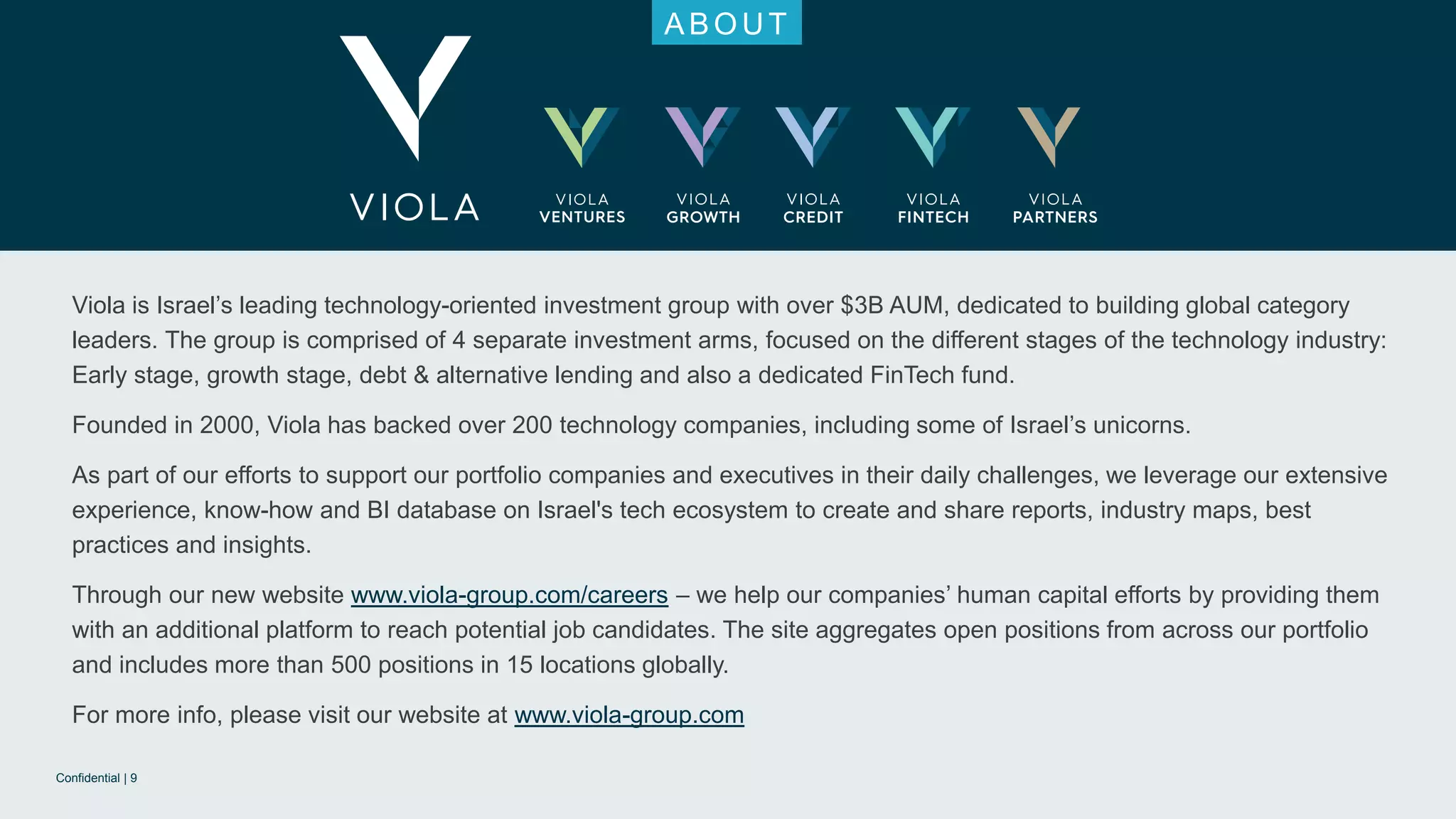 Confidential | 9
ABOU T
Viola is Israel’s leading technology-oriented investment group with over $3B AUM, dedicated to building global category
leaders. The group is comprised of 4 separate investment arms, focused on the different stages of the technology industry:
Early stage, growth stage, debt & alternative lending and also a dedicated FinTech fund.
Founded in 2000, Viola has backed over 200 technology companies, including some of Israel’s unicorns.
As part of our efforts to support our portfolio companies and executives in their daily challenges, we leverage our extensive
experience, know-how and BI database on Israel's tech ecosystem to create and share reports, industry maps, best
practices and insights.
Through our new website www.viola-group.com/careers – we help our companies’ human capital efforts by providing them
with an additional platform to reach potential job candidates. The site aggregates open positions from across our portfolio
and includes more than 500 positions in 15 locations globally.
For more info, please visit our website at www.viola-group.com
 