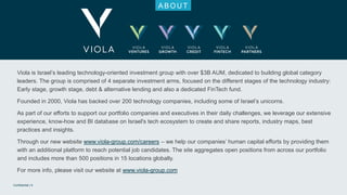 Confidential | 9
ABOU T
Viola is Israel’s leading technology-oriented investment group with over $3B AUM, dedicated to bui...