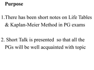 Purpose
1.There has been short notes on Life Tables
& Kaplan-Meier Method in PG exams
2. Short Talk is presented so that all the
PGs will be well acquainted with topic
 