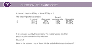 QUESTION: RELEVANT COST
A contract requires 400kg of X and 200kg of Y.
The following data is available:
X is no longer used by the company; Y is regularly used for other
products/purposes within the business.
Required
What is the relevant cost of X and Y to be included in the contract cost?
In inventory Historic cost
Current
purchase price Scrap value
X 300 kg $2/kg $3/kg $2.20/kg
Y 300 kg 50c/kg $2/kg $1.50/kg
 