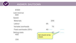 ANSWER: SHUTDOWN
$'000
Lost revenue
600
Saved:
Materials 200
Labour 95
Variable overheads 75
Fixed overheads (20%) 40
Selling costs 40
450
150
Keir should not be
closed.
 