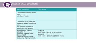 RECENT EXAM QUESTIONS
Nature of question Exam details
Calculate and compare ‘make’
costs
with ‘buy-in’ costs.
Compare in-house costs and
outsource costs of completing
tasks
and consider other issues
surrounding this decision.
Apply relevant costing
principles in
situations involving shut
down, one off
contracts and the further
processing of joint products.
Section A
Mock exam 3 Q6 Dec 2016 (2 marks)
Section C
Mock exam 1 Q32(a) Sep 2016 (6 marks)
 
