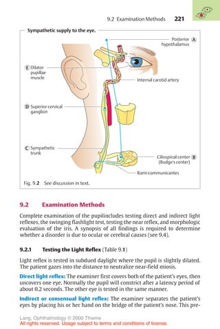 221
Sympathetic supply to the eye.
A
E
C
B
Posterior
hypothalamus
Dilator
pupillae
muscle
Superior cervical
ganglion
Sympathetic
trunk
Ciliospinal center
(Budge's center)
Rami communicantes
Internal carotid artery
D
Fig. 9.2 See discussion in text.
9.2 Examination Methods
Complete examination of the pupilincludes testing direct and indirect light
reflexes, the swinging flashlight test, testing the near reflex, and morphologic
evaluation of the iris. A synopsis of all findings is required to determine
whether a disorder is due to ocular or cerebral causes (see 9.4).
9.2.1 Testing the Light Reflex (Table 9.1)
Light reflex is tested in subdued daylight where the pupil is slightly dilated.
The patient gazes into the distance to neutralize near-field miosis.
Direct light reflex: The examiner first covers both of the patient’s eyes, then
uncovers one eye. Normally the pupil will constrict after a latency period of
about 0.2 seconds. The other eye is tested in the same manner.
Indirect or consensual light reflex: The examiner separates the patient’s
eyes by placing his or her hand on the bridge of the patient’s nose. This pre-
9.2 Examination Methods
Lang, Ophthalmology © 2000 Thieme
All rights reserved. Usage subject to terms and conditions of license.
 