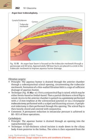 262
Argon laser trabeculoplasty.
* *
Iris
Cornea
Trabecular
meshwork
Canal of Schlemm
Ciliary body Lens
Argon laser beam
Trabecular meshwork
Fig. 10.15 An argon laser beam is focused on the trabecular meshwork through a
gonioscope and slit lamp. Approximately 100 laser burns are placed in a circle in the
trabecular meshwork to improve aqueous humor drainage.
Filtration surgery:
❖ Principle: The aqueous humor is drained through the anterior chamber
through a subconjunctival scleral opening, circumventing the trabecular
meshwork. Formation of a thin-walled filtration bleb is a sign of sufficient
drainage of aqueous humor.
❖ Technique (Fig. 10.16a – c): First a conjunctival flap is raised, which may be
either fornix-based or limbal-based. Then a partial-thickness scleral flap is
raised. Access to the anterior chamber is gained via a goniotomy performed
with a 1.5 mm trephine at the sclerocorneal junction or via a rectangular
trabeculectomy performed with a scalpel and dissecting scissors. A periph-
eral iridectomy is then performed through this opening. The scleral flap is
then loosely closed and covered with conjunctiva.
❖ Comment: A permanent reduction in intraocular pressure is achieved in
80–85% of these operations.
Cyclodialysis:
❖ Principle: The aqueous humor is drained through an opening into the
suprachoroidal space.
❖ Technique: A full-thickness scleral incision is made down to the ciliary
body 4 mm posterior to the limbus. The sclera is then separated from the
10 Glaucoma
Lang, Ophthalmology © 2000 Thieme
All rights reserved. Usage subject to terms and conditions of license.
 