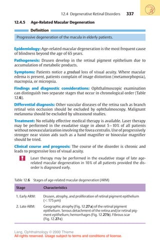337
12.4.5 Age-Related Macular Degeneration
Definition
Progressive degeneration of the macula in elderly patients.
Epidemiology: Age-related macular degeneration is the most frequent cause
of blindness beyond the age of 65 years.
Pathogenesis: Drusen develop in the retinal pigment epithelium due to
accumulation of metabolic products.
Symptoms: Patients notice a gradual loss of visual acuity. Where macular
edema is present, patients complain of image distortion (metamorphopsia),
macropsia, or micropsia.
Findings and diagnostic considerations: Ophthalmoscopic examination
can distinguish two separate stages that occur in chronological order (Table
12.6).
Differential diagnosis: Other vascular diseases of the retina such as branch
retinal vein occlusion should be excluded by ophthalmoscopy. Malignant
melanoma should be excluded by ultrasound studies.
Treatment: No reliably effective medical therapy is available. Laser therapy
may be performed in the exudative stage in about 5–10% of all patients
without neovascularization involving the fovea centralis. Use of progressively
stronger near vision aids such as a hand magnifier or binocular magnifier
should be tried.
Clinical course and prognosis: The course of the disorder is chronic and
leads to progressive loss of visual acuity.
Laser therapy may be performed in the exudative stage of late age-
related macular degeneration in 10% of all patients provided the dis-
order is diagnosed early.
Table 12.6 Stages of age-related macular degeneration (ARM)
Stage Characteristics
1. Early ARM: Drusen, atrophy, and proliferation of retinal pigment epithelium
(! 175 µm)
2. Late ARM: Geographic atrophy (Fig. 12.27a) of the retinal pigment
epithelium. Serous detachment of the retina and/or retinal pig-
ment epithelium; hemorrhages (Fig. 12.27b). Fibrous scar
(Fig. 12.27c)
12.4 Degenerative Retinal Disorders
Lang, Ophthalmology © 2000 Thieme
All rights reserved. Usage subject to terms and conditions of license.
 