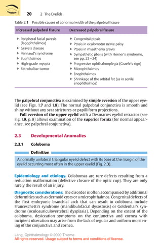20
Table 2.1 Possible causes of abnormal width of the palpebral fissure
Increased palpebral fissure Decreased palpebral fissure
❖ Peripheral facial paresis
(lagophthalmos)
❖ Grave’s disease
❖ Perinaud’s syndrome
❖ Buphthalmos
❖ High-grade myopia
❖ Retrobulbar tumor
❖ Congenital ptosis
❖ Ptosis in oculomotor nerve palsy
❖ Ptosis in myasthenia gravis
❖ Sympathetic ptosis (with Horner’s syndrome,
see pp. 23–24)
❖ Progressive ophthalmoplegia (Graefe’s sign)
❖ Microphthalmos
❖ Enophthalmos
❖ Shrinkage of the orbital fat (as in senile
enophthalmos)
The palpebral conjunctiva is examined by simple eversion of the upper eye-
lid (see Figs. 1.7 and 1.8). The normal palpebral conjunctiva is smooth and
shiny without any scar strictures or papilliform projections.
Full eversion of the upper eyelid with a Desmarres eyelid retractor (see
Fig. 1.9, p. 9) allows examination of the superior fornix (for normal appear-
ance, see palpebral conjunctiva).
2.3 Developmental Anomalies
2.3.1 Coloboma
Definition
A normally unilateral triangular eyelid defect with its base at the margin of the
eyelid occurring most often in the upper eyelid (Fig. 2.3).
Epidemiology and etiology. Colobomas are rare defects resulting from a
reduction malformation (defective closure of the optic cup). They are only
rarely the result of an injury.
Diagnostic considerations: The disorder is often accompanied by additional
deformities such as dermoid cysts or a microphthalmos. Congenital defects of
the first embryonic branchial arch that can result in coloboma include
Franceschetti’s syndrome (mandibulofacial dysostosis) or Goldenhar’s syn-
drome (oculoauriculovertebral dysplasia). Depending on the extent of the
coloboma, desiccation symptoms on the conjunctiva and cornea with
incipient ulceration may arise from the lack of regular and uniform moisten-
ing of the conjunctiva and cornea.
2 The Eyelids
Lang, Ophthalmology © 2000 Thieme
All rights reserved. Usage subject to terms and conditions of license.
 