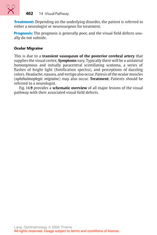 402
Treatment: Depending on the underlying disorder, the patient is referred to
either a neurologist or neurosurgeon for treatment.
Prognosis: The prognosis is generally poor, and the visual field defects usu-
ally do not subside.
Ocular Migraine
This is due to a transient vasospasm of the posterior cerebral artery that
supplies the visual cortex. Symptoms vary. Typically there will be a unilateral
homonymous and initially paracentral scintillating scotoma, a series of
flashes of bright light (fortification spectra), and perceptions of dazzling
colors. Headache, nausea, and vertigo also occur. Paresis of the ocular muscles
(ophthalmoplegic migraine) may also occur. Treatment: Patients should be
referred to a neurologist.
Fig. 14.9 provides a schematic overview of all major lesions of the visual
pathway with their associated visual field defects.
14 Visual Pathway
Lang, Ophthalmology © 2000 Thieme
All rights reserved. Usage subject to terms and conditions of license.
 