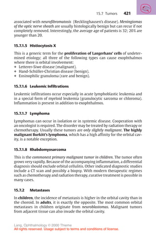 421
associated with neurofibromatosis (Recklinghausen’s disease). Meningiomas
of the optic nerve sheath are usually histologically benign but can recur if not
completely removed. Interestingly, the average age of patients is 32; 20% are
younger than 20.
15.7.1.5 Histiocytosis X
This is a generic term for the proliferation of Langerhans’ cells of undeter-
mined etiology; all three of the following types can cause exophthalmos
where there is orbital involvement:
❖ Letterer-Siwe disease (malignant).
❖ Hand-Schüller-Christian disease (benign).
❖ Eosinophilic granuloma (rare and benign).
15.7.1.6 Leukemic Infiltrations
Leukemic infiltrations occur especially in acute lymphoblastic leukemia and
in a special form of myeloid leukemia (granulocytic sarcoma or chloroma).
Inflammation is present in addition to exophthalmos.
15.7.1.7 Lymphoma
Lymphomas can occur in isolation or in systemic disease. Cooperation with
an oncologist is required. The disorder may be treated by radiation therapy or
chemotherapy. Usually these tumors are only slightly malignant. The highly
malignant Burkitt’s lymphoma, which has a high affinity for the orbital cav-
ity, is a notable exception.
15.7.1.8 Rhabdomyosarcoma
This is the commonest primary malignant tumor in children. The tumor often
grows very rapidly. Because of the accompanying inflammation, a differential
diagnosis should exclude orbital cellulitis. Other indicated diagnostic studies
include a CT scan and possibly a biopsy. With modern therapeutic regimes
such as chemotherapy and radiation therapy, curative treatment is possible in
many cases.
15.7.2 Metastases
In children, the incidence of metastasis is higher in the orbital cavity than in
the choroid. In adults, it is exactly the opposite. The most common orbital
metastases in children originate from neuroblastomas. Malignant tumors
from adjacent tissue can also invade the orbital cavity.
15.7 Tumors
Lang, Ophthalmology © 2000 Thieme
All rights reserved. Usage subject to terms and conditions of license.
 