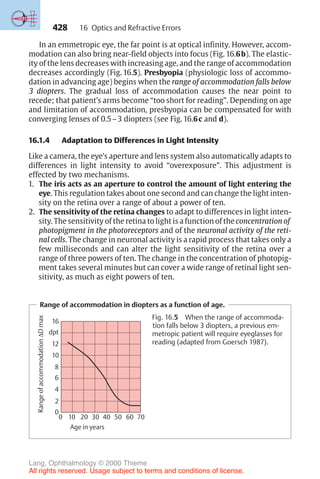 428
In an emmetropic eye, the far point is at optical infinity. However, accom-
modation can also bring near-field objects into focus (Fig. 16.6b). The elastic-
ity of the lens decreases with increasing age, and the range of accommodation
decreases accordingly (Fig. 16.5). Presbyopia (physiologic loss of accommo-
dation in advancing age) begins when the range of accommodation falls below
3 diopters. The gradual loss of accommodation causes the near point to
recede; that patient’s arms become “too short for reading”. Depending on age
and limitation of accommodation, presbyopia can be compensated for with
converging lenses of 0.5–3 diopters (see Fig. 16.6c and d).
16.1.4 Adaptation to Differences in Light Intensity
Like a camera, the eye’s aperture and lens system also automatically adapts to
differences in light intensity to avoid “overexposure”. This adjustment is
effected by two mechanisms.
1. The iris acts as an aperture to control the amount of light entering the
eye. This regulation takes about one second and can change the light inten-
sity on the retina over a range of about a power of ten.
2. The sensitivity of the retina changes to adapt to differences in light inten-
sity. The sensitivity of the retina to light is a function of the concentration of
photopigment in the photoreceptors and of the neuronal activity of the reti-
nal cells. The change in neuronal activity is a rapid process that takes only a
few milliseconds and can alter the light sensitivity of the retina over a
range of three powers of ten. The change in the concentration of photopig-
ment takes several minutes but can cover a wide range of retinal light sen-
sitivity, as much as eight powers of ten.
Range of accommodation in diopters as a function of age.
Age in years
Range
of
accommodation
∆D
max
16
dpt
12
10
8
6
4
2
0
0 10 20 30 40 50 60 70
Fig. 16.5 When the range of accommoda-
tion falls below 3 diopters, a previous em-
metropic patient will require eyeglasses for
reading (adapted from Goersch 1987).
16 Optics and Refractive Errors
Lang, Ophthalmology © 2000 Thieme
All rights reserved. Usage subject to terms and conditions of license.
 