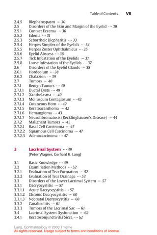 VII
2.4.5 Blepharospasm ... 30
2.5 Disorders of the Skin and Margin of the Eyelid ... 30
2.5.1 Contact Eczema ... 30
2.5.2 Edema ... 31
2.5.3 Seborrheic Blepharitis ... 33
2.5.4 Herpes Simplex of the Eyelids ... 34
2.5.5 Herpes Zoster Ophthalmicus ... 35
2.5.6 Eyelid Abscess ... 36
2.5.7 Tick Infestation of the Eyelids ... 37
2.5.8 Louse Infestation of the Eyelids ... 37
2.6 Disorders of the Eyelid Glands ... 38
2.6.1 Hordeolum ... 38
2.6.2 Chalazion ... 39
2.7 Tumors ... 40
2.7.1 Benign Tumors ... 40
2.7.1.1 Ductal Cysts ... 40
2.7.1.2 Xanthelasma ... 40
2.7.1.3 Molluscum Contagiosum ... 42
2.7.1.4 Cutaneous Horn ... 42
2.7.1.5 Keratoacanthoma ... 42
2.7.1.6 Hemangioma ... 43
2.7.1.7 Neurofibromatosis (Recklinghausen’s Disease) ... 44
2.7.2 Malignant Tumors ... 45
2.7.2.1 Basal Cell Carcinoma ... 45
2.7.2.2 Squamous Cell Carcinoma ... 47
2.7.2.3 Adenocarcinoma ... 47
3 Lacrimal System ... 49
(Peter Wagner, Gerhard K. Lang)
3.1 Basic Knowledge ... 49
3.2 Examination Methods ... 52
3.2.1 Evaluation of Tear Formation ... 52
3.2.2 Evaluation of Tear Drainage ... 53
3.3 Disorders of the Lower Lacrimal System ... 57
3.3.1 Dacryocystitis ... 57
3.3.1.1 Acute Dacryocystitis ... 57
3.3.1.2 Chronic Dacryocystitis ... 60
3.3.1.3 Neonatal Dacryocystitis ... 60
3.3.2 Canaliculitis ... 61
3.3.3 Tumors of the Lacrimal Sac ... 61
3.4 Lacrimal System Dysfunction ... 62
3.4.1 Keratoconjunctivitis Sicca ... 62
Table of Contents
Lang, Ophthalmology © 2000 Thieme
All rights reserved. Usage subject to terms and conditions of license.
 