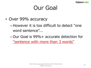 Our Goal
• Over 99% accuracy
  – However it is too difficult to detect "one
    word sentence"...
  – Our Goal is 99%+ accurate detection for
    "sentence with more than 3 words"




             Short Text Language Detection with Infinity-Gram
                                                                24
                            (NAIST Seminar)
 