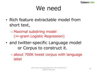 We need
• Rich feature extractable model from
  short text,
  – Maximal substring model
    (∞-gram Logistic Regression)
• and twitter-specific Language model
      or Corpus to construct it.
  – about 700K tweet corpus with language
    label

             Short Text Language Detection with Infinity-Gram
                                                                25
                            (NAIST Seminar)
 