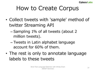 How to Create Corpus
• Collect tweets with 'sample' method of
  twitter Streaming API
  – Sampling 1% of all tweets (about 2
    million tweets).
  – Tweets in Latin alphabet language
    account for 60% of them.
• The rest is only to annotate language
  labels to these tweets
            Short Text Language Detection with Infinity-Gram
                                                               37
                           (NAIST Seminar)
 