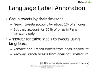 Language Label Annotation
• Group tweets by their timezone
  – French tweets account for about 1% of all ones
  – But they account for 50% of ones in Paris
    timezone only
• Annotate tentative labels to tweets using
  langdetect
  – Remove non-French tweets from ones labeled ‘fr’
  – Recover French tweets from ones not labeled ‘fr’

                           (※ 20% of the whole tweets have no timezone)
              Short Text Language Detection with Infinity-Gram
                                                                    38
                             (NAIST Seminar)
 