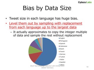 Bias by Data Size
• Tweet size in each language has huge bias.
• Level them out by sampling with replacement
  from each language up to the largest data
  – It actually approximates to copy the integer multiple
    of data and sample the rest without replacement
                                                          English
                                                          Portuguese
                                                          Spanish
                                                          Indonesian
                                                          Dutch
                                                          French
                                                          German
                                                          Turkish
                                                          Italian
                                                          Swedish
                                                           others
                Short Text Language Detection with Infinity-Gram
                                                                       42
                               (NAIST Seminar)
 