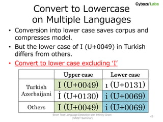 Convert to Lowercase
       on Multiple Languages
• Conversion into lower case saves corpus and
  compresses model.
• But the lower case of I (U+0049) in Turkish
  differs from others.
• Convert to lower case excluding ‘I’
                          Upper case                             Lower case

     Turkish          I (U+0049) ı (U+0131)
    Azerbaijani
                      İ (U+0130) i (U+0069)
      Others          I (U+0049) i (U+0069)
                  Short Text Language Detection with Infinity-Gram
                                                                              43
                                 (NAIST Seminar)
 