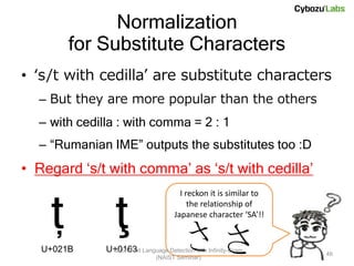 Normalization
        for Substitute Characters
• ‘s/t with cedilla’ are substitute characters
  – But they are more popular than the others
  – with cedilla : with comma = 2 : 1
  – “Rumanian IME” outputs the substitutes too :D
• Regard ‘s/t with comma’ as ‘s/t with cedilla’


    ț           ţ
                                      I reckon it is similar to
                                         the relationship of
                                    Japanese character ‘SA’!!


   U+021B      Short Text               ささ
              U+0163 Language Detection with Infinity-Gram
                              (NAIST Seminar)
                                                                  46
 