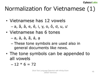 Normalization for Vietnamese (1)

• Vietnamese has 12 vowels
  – a, ă, â, e, ê, i, y, o, ô, ơ, u, ư
• Vietnamese has 6 tones
  – a, ả, à, ã, á, ạ
  – These tone symbols are used also in
    general documents like news.
• The tone symbols can be appended to
  all vowels
  – 12 * 6 = 72
               Short Text Language Detection with Infinity-Gram
                                                                  48
                              (NAIST Seminar)
 
