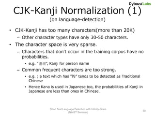 CJK-Kanji Normalization (1)
                    (on language-detection)

• CJK-Kanji has too many characters(more than 20K)
   – Other character types have only 30-50 characters.
• The character space is very sparse.
   – Characters that don’t occur in the training corpus have no
     probabilities.
      • e.g. "谢谢", Kanji for person name
   – Common frequent characters are too strong.
      • e.g. : a text which has ”的” tends to be detected as Traditional
        Chinese
      • Hence Kana is used in Japanese too, the probabilities of Kanji in
        Japanese are less than ones in Chinese.



                    Short Text Language Detection with Infinity-Gram
                                                                            50
                                   (NAIST Seminar)
 