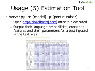 Usage (5) Estimation Tool
• server.py -m [model] -p [port number]
  – Open http://localhost:[port] after it is executed
  – Output their language probabilities, contained
    features and their parameters for a text inputed
    in the text area




               Short Text Language Detection with Infinity-Gram
                                                                  63
                              (NAIST Seminar)
 