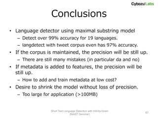 Conclusions
• Language detector using maximal substring model
   – Detect over 99% accuracy for 19 languages.
   – langdetect with tweet corpus even has 97% accuracy.
• If the corpus is maintained, the precision will be still up.
   – There are still many mistakes (in particular da and no)
• If metadata is added to features, the precision will be
  still up.
   – How to add and train metadata at low cost?
• Desire to shrink the model without loss of precision.
   – Too large for application (>100MB)


                  Short Text Language Detection with Infinity-Gram
                                                                     67
                                 (NAIST Seminar)
 