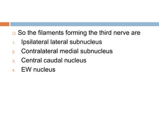  So the filaments forming the third nerve are
1. Ipsilateral lateral subnucleus
2. Contralateral medial subnucleus
3. Central caudal nucleus
4. EW nucleus
 
