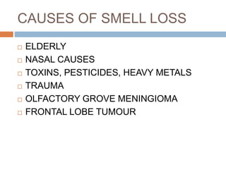CAUSES OF SMELL LOSS
 ELDERLY
 NASAL CAUSES
 TOXINS, PESTICIDES, HEAVY METALS
 TRAUMA
 OLFACTORY GROVE MENINGIOMA
 FRONTAL LOBE TUMOUR
 