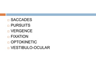  SACCADES
 PURSUITS
 VERGENCE
 FIXATION
 OPTOKINETIC
 VESTIBULO-OCULAR
 