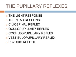 THE PUPILLARY REFLEXES
 THE LIGHT RESPONSE
 THE NEAR RESPONSE
 CILIOSPINAL REFLEX
 OCULOPUPILLARY REFLEX
 COCHLEOPUPILLARY REFLEX
 VESTIBULOPUPILLARY REFLEX
 PSYCHIC REFLEX
 